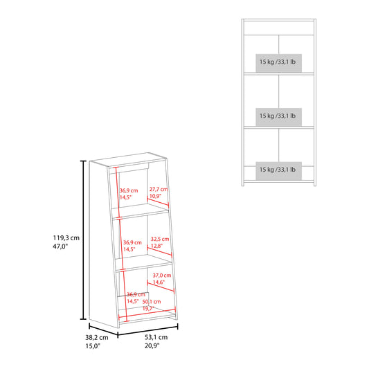 TUHOME Note 47" Tall Modern Ladder Bookcase with Three Open Tier Shelves, Slanted Vertical Design, Space-Saving Freestanding Organizer for Living Room, Bedroom or Home Office Storage, Contemporary Display and Organization Solution