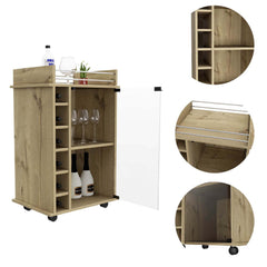 Huali Bar Cart, Six Wine Cubbies, Glass Door, Four Caster, Two Shelves