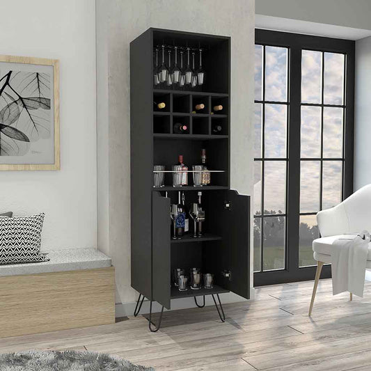 Tuhome Manhattan L Bar Cabinet with Eight Built-In Wine Cubbies, Dual Single-Door Storage Cabinets, Integrated Stemware Rack, Modern Entertaining Bar Unit for Liquor Display, Glassware Organization, and Home Gatherings