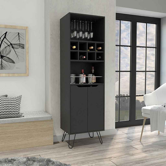 Tuhome Manhattan L Bar Cabinet with Eight Built-In Wine Cubbies, Dual Single-Door Storage Cabinets, Integrated Stemware Rack, Modern Entertaining Bar Unit for Liquor Display, Glassware Organization, and Home Gatherings