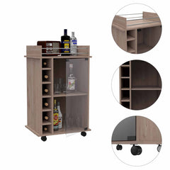 Huali Bar Cart, Six Wine Cubbies, Glass Door, Four Caster, Two Shelves