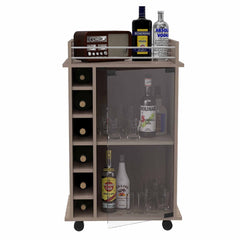 Huali Bar Cart, Six Wine Cubbies, Glass Door, Four Caster, Two Shelves