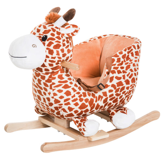 Qaba Rocking Horse Toy for Toddlers, Wooden＆Plush Adorable Giraffe Rocker Horse for Above 18+ Months Kids, Band Includes