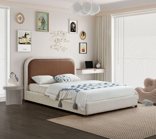 Blake Contemporary Bed with Cream Linen Fabric and Soft Padded Headboard for Modern Bedrooms