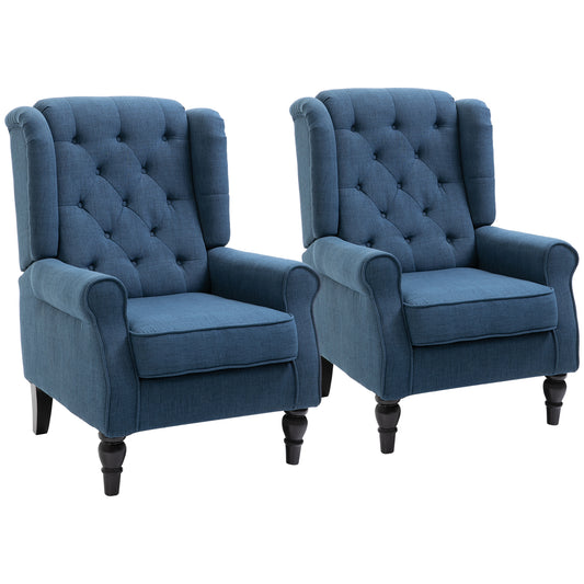 HOMCOM Tufted Accent Chair with High Wingback, Rounded Cushioned Armrests and Thick Padded Seat, Set of 2, Blue
