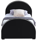 Brody Contemporary Velvet Bed with Cream Piping and Espresso Wood Legs for a Cozy Bedroom Retreat