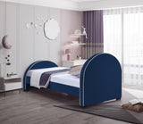 Brody Contemporary Velvet Bed with Cream Piping and Espresso Wood Legs for a Cozy Bedroom Retreat