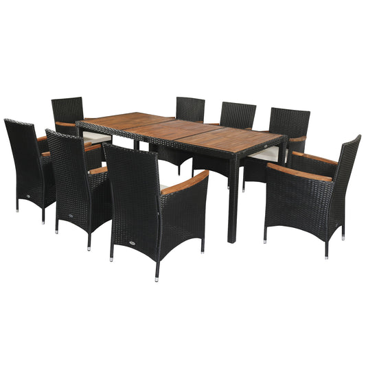 Outsunny Alfresco Elegance - 9PC Rattan & Acacia Dining Set with Waterproof Cushions & Stackable Chairs