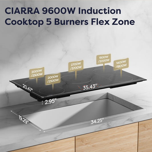 CIARRA 36 Inch Built-in Induction Cooktop 5 Burners 3700W with Booster Flexzone CABIH365BFF-OW