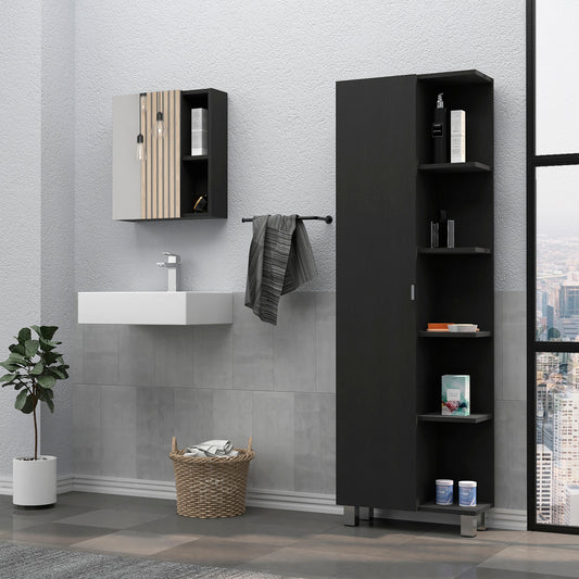 TUHOME Barton 2-Piece Bathroom Set with Tall Storage Cabinet and Wall-Mounted Cabinet, Modern Bathroom Storage Solution, 62.2"H x 20.1"W x 8.5"D, Black