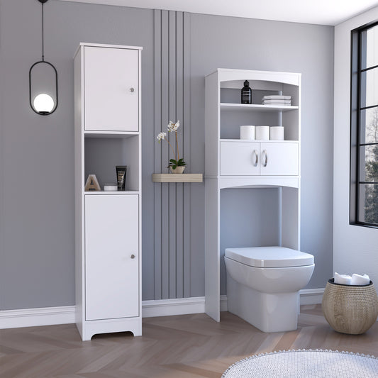 TUHOME Oakland 2-Piece Bathroom Set with Tall Storage Cabinet and Multi-Shelf Organizer, Modern Space-Saving Bathroom Furniture for Toiletries, Towels and Essentials, 67.79"H x 14.37"W x 16.04"D, White