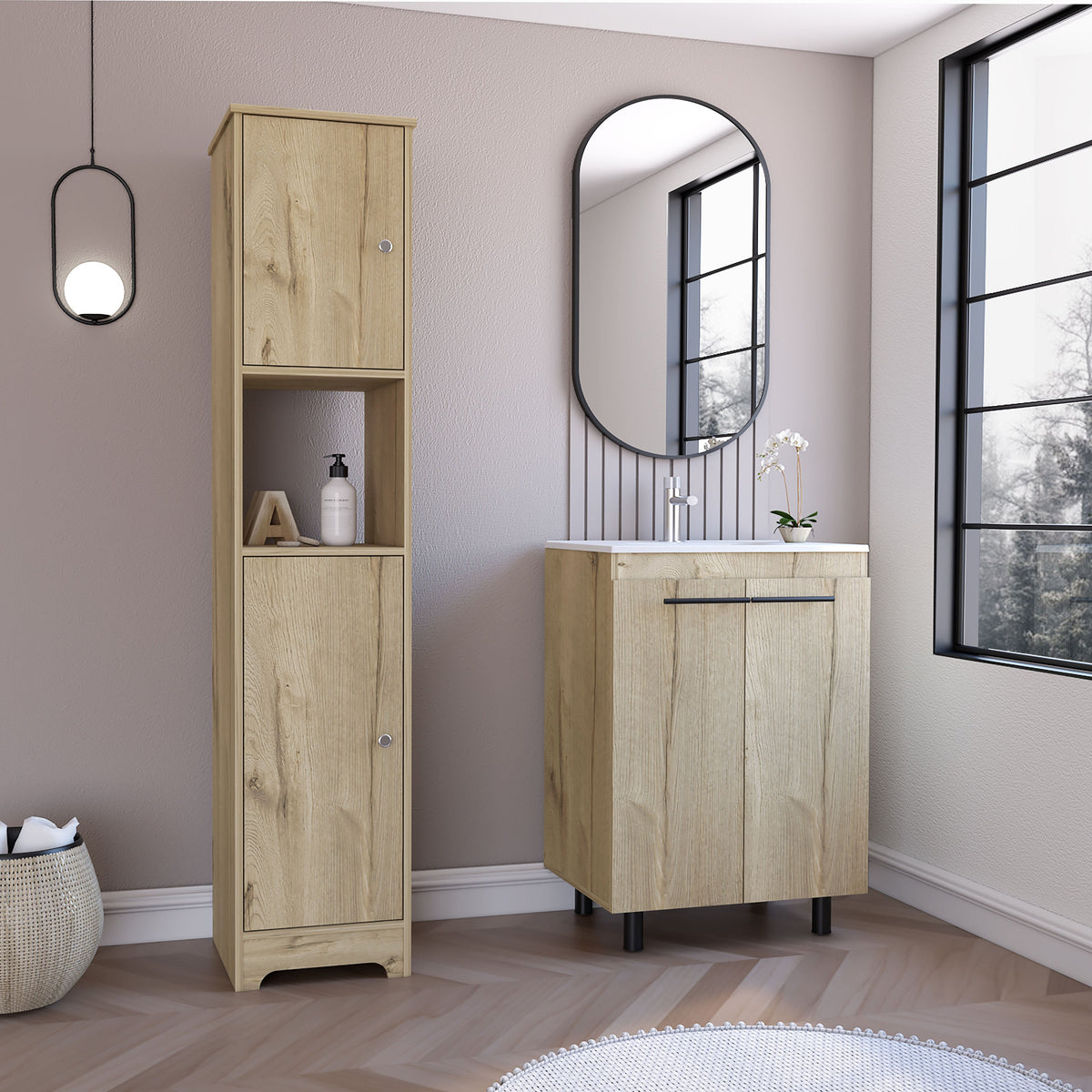 Hartford 2 Piece Bathroom Set, Linen Cabinet + Bathroom Vanity , Light Oak