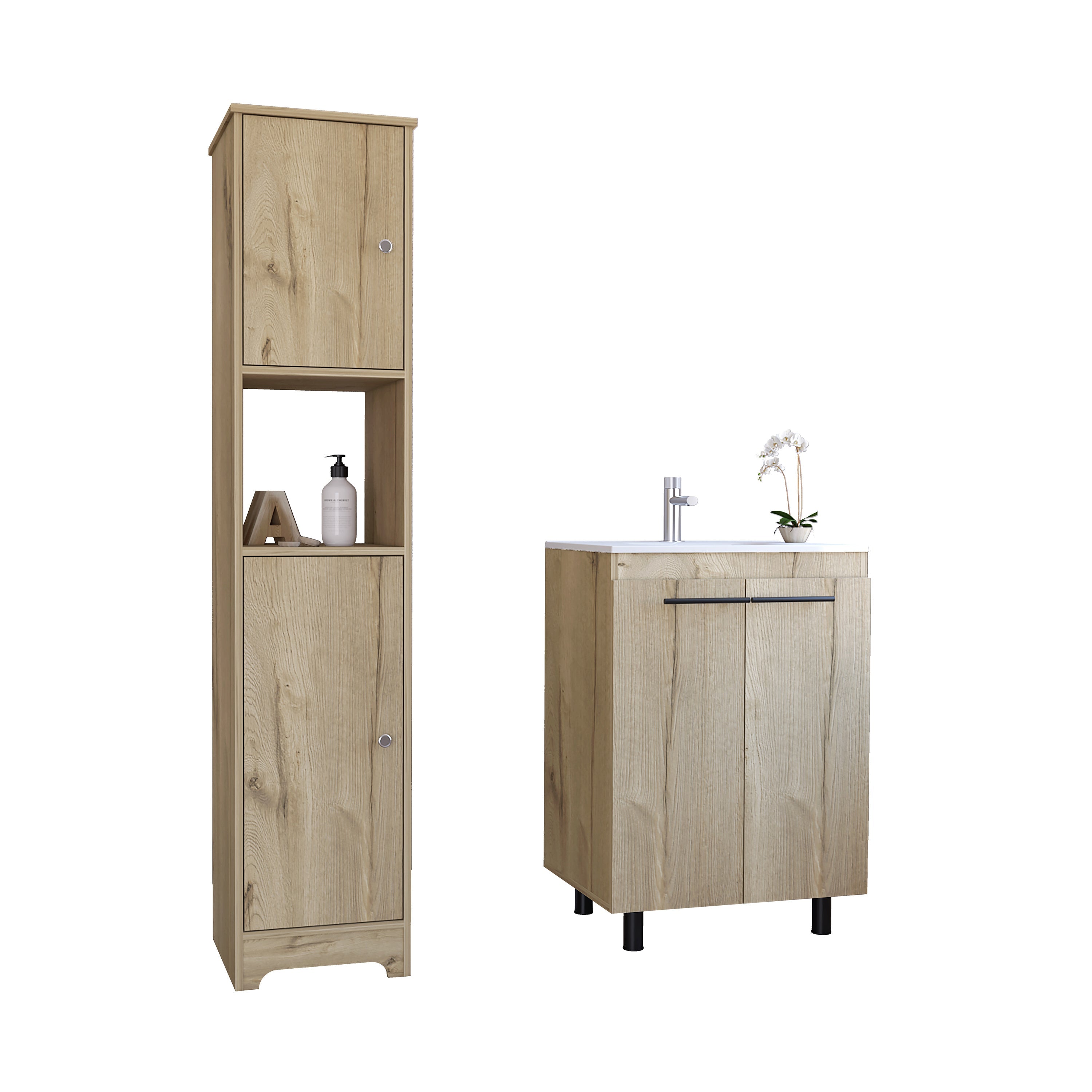 Hartford 2 Piece Bathroom Set, Linen Cabinet + Bathroom Vanity , Light Oak