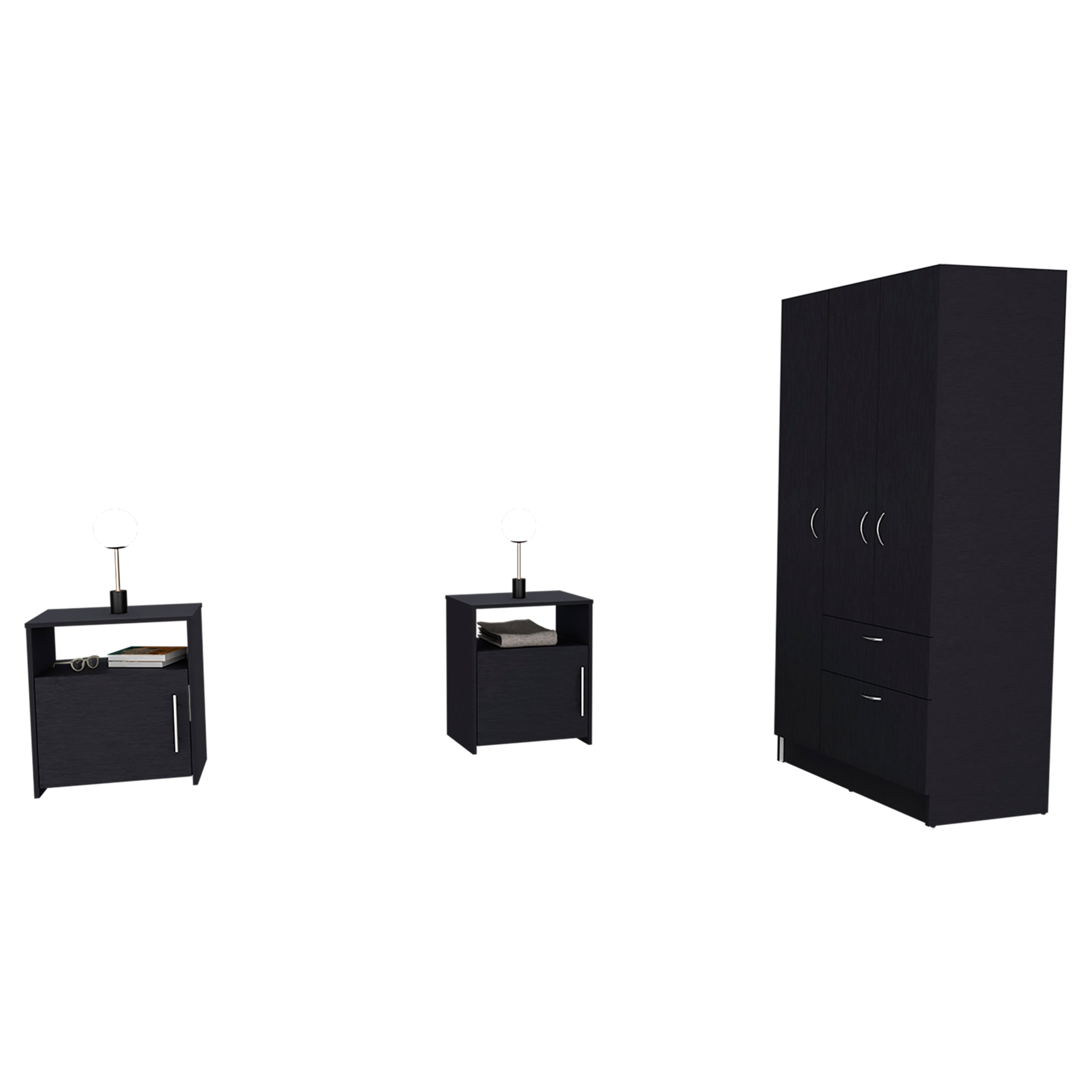 Lubec 3 Piece Bedroom Set, Cartagena Armoire + 2 Omaha Nightstands, Black