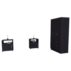 Lubec 3 Piece Bedroom Set, Cartagena Armoire + 2 Omaha Nightstands, Black