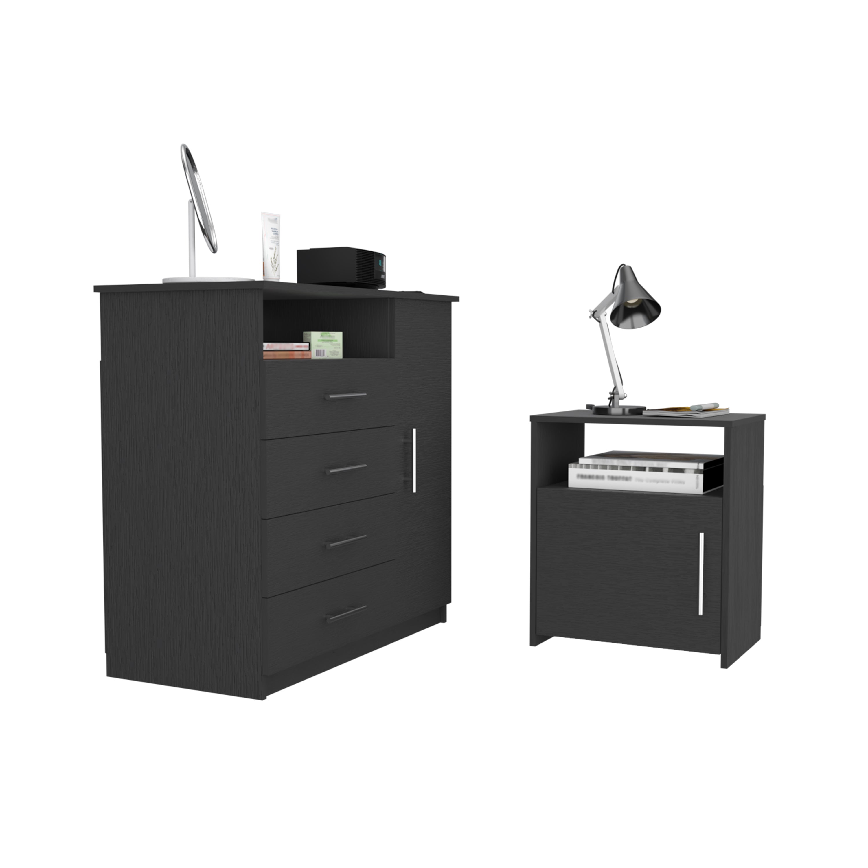 Maine 2 Piece Bedroom Set, Rioja 4 Drawer Dresser + Omaha Nightstand, Black