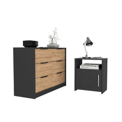 Bangor 2 Piece Bedroom Set, Egeo 4 Drawer Dresser + Omaha Nightstand, Black / Pine