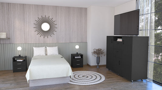 Minto 3 Piece Bedroom Set, Milano Double Door Cabinet Dresser + 2 Salento Nightstands, Black