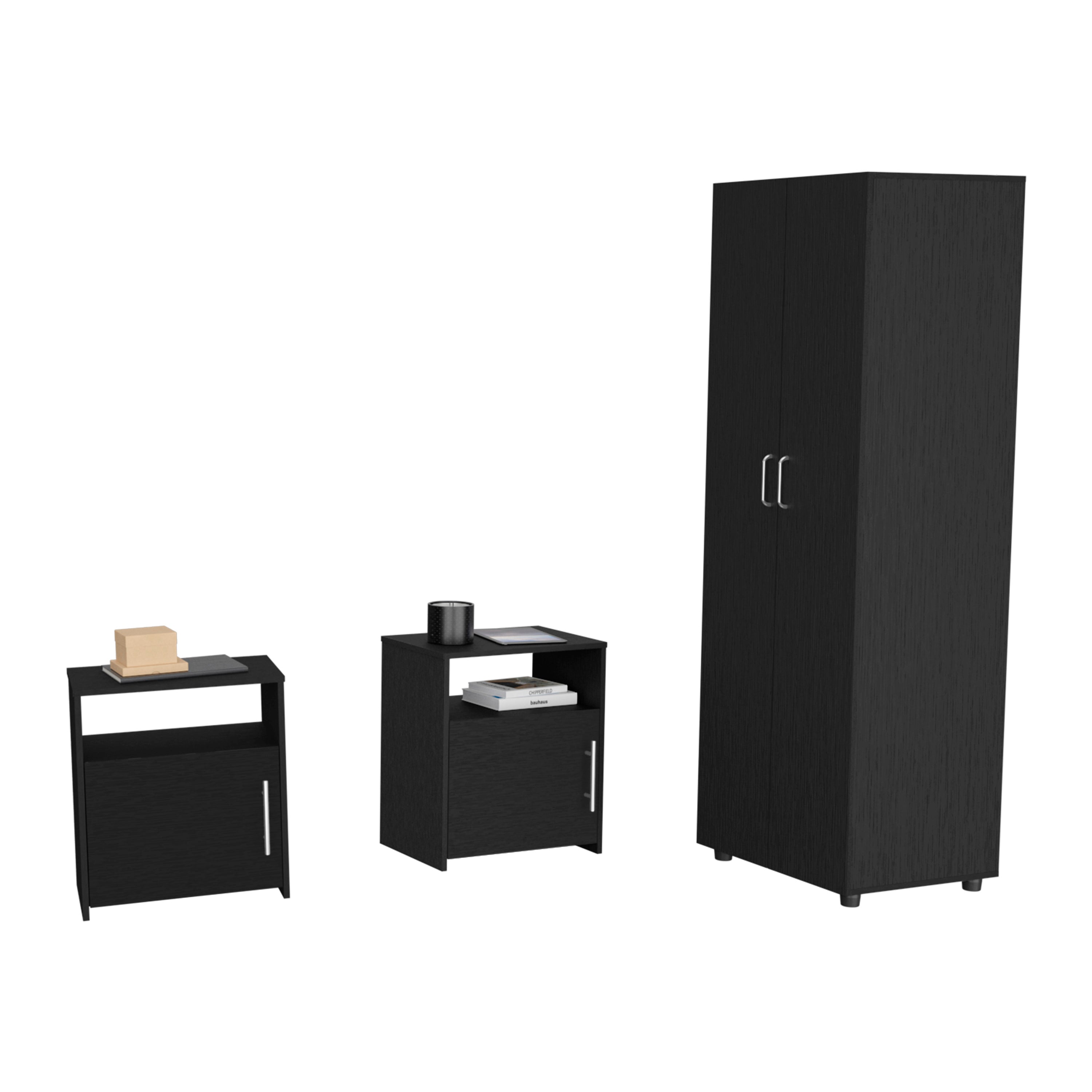 Allen 3 Piece Bedroom Set, London Armoire + 2 Omaha Nightstands,  Black