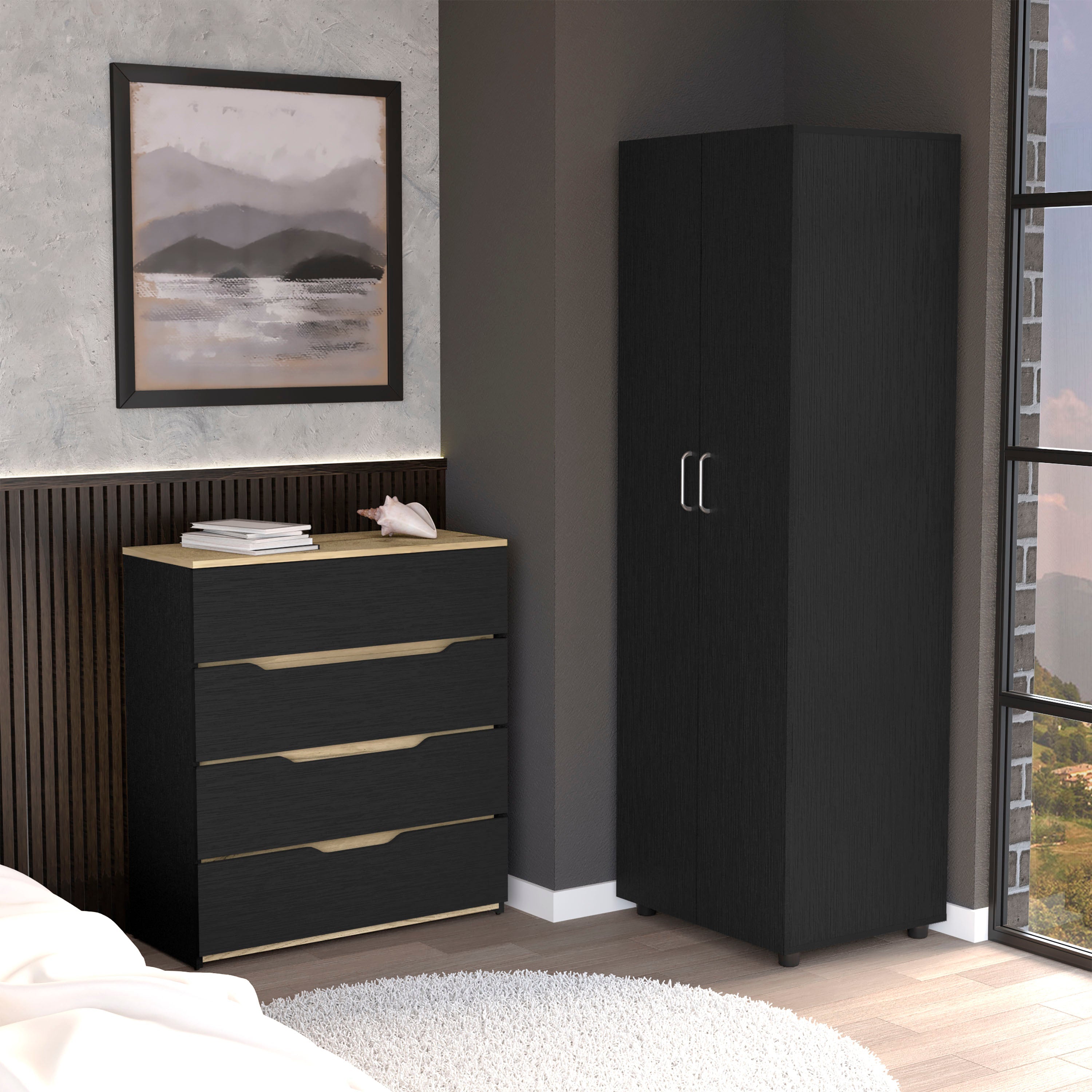 Raines 2 Piece Bedroom Set, London Armoire + Aralia Drawer Dresser, Black / Light Oak