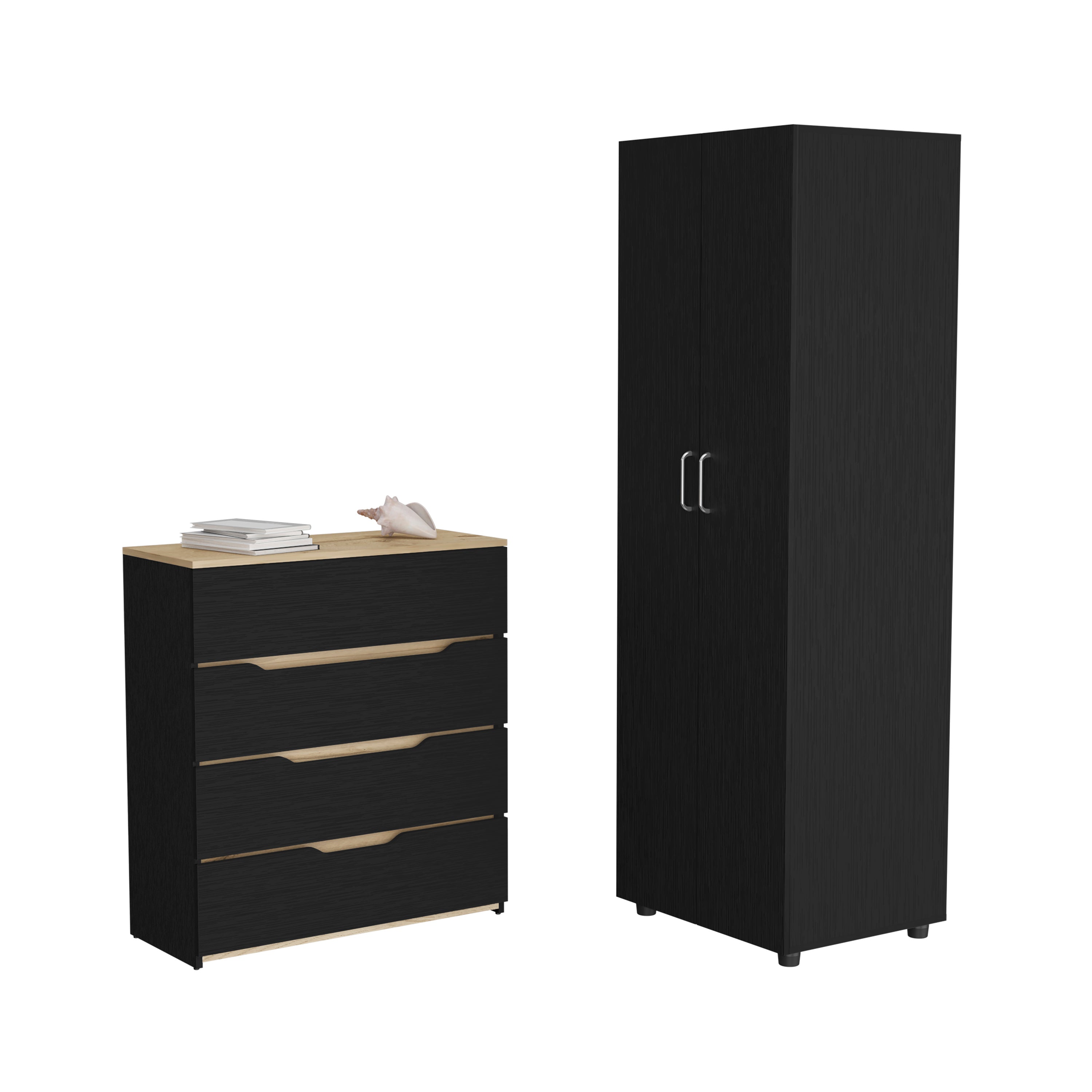 Raines 2 Piece Bedroom Set, London Armoire + Aralia Drawer Dresser, Black / Light Oak