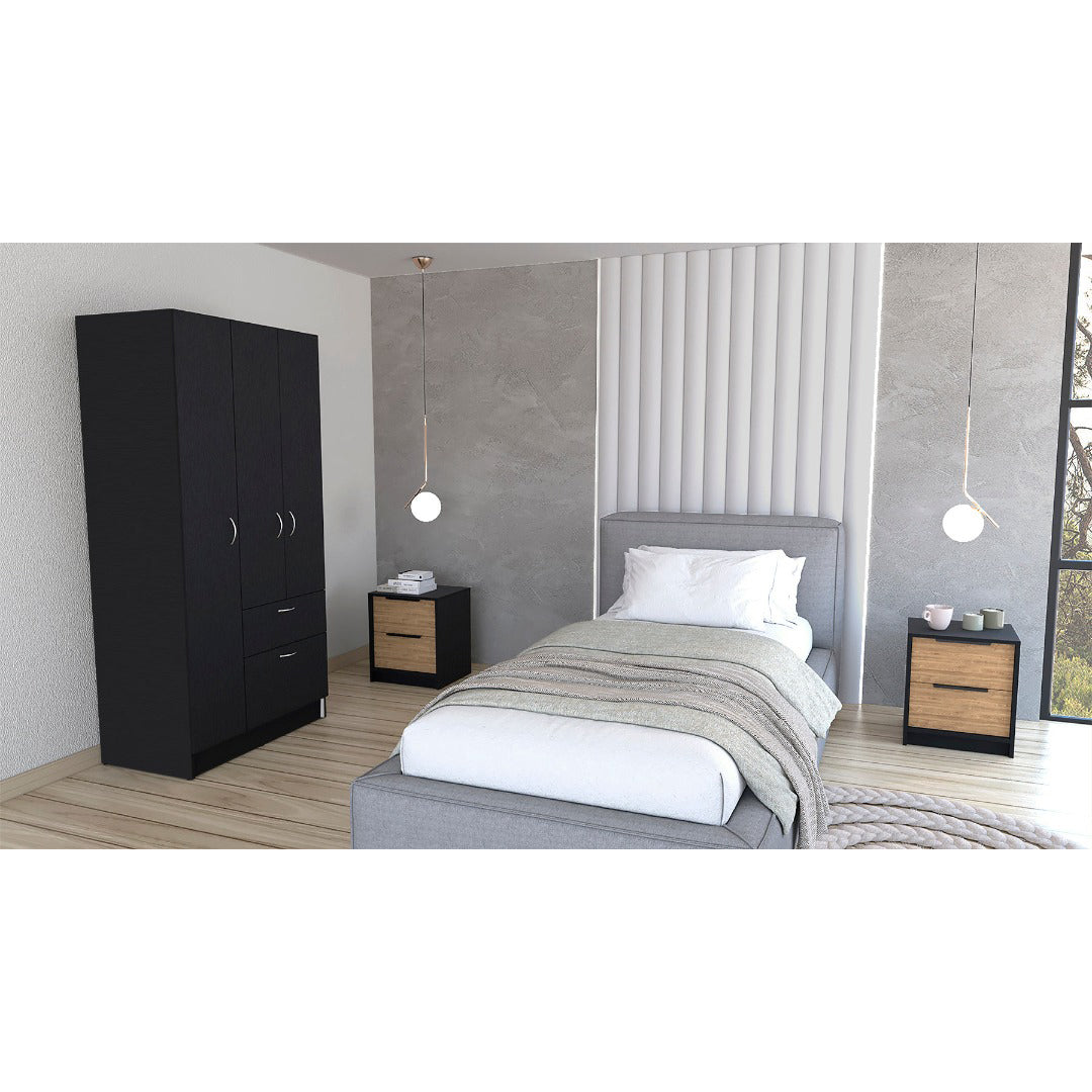 Appleton 3 Piece Bedroom Set, Armoire + Nightstand + Nightstand, Black Wengue / White / Pine Finish