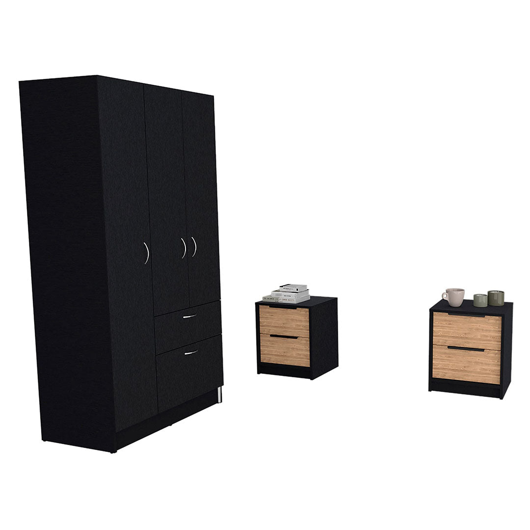 Appleton 3 Piece Bedroom Set, Armoire + Nightstand + Nightstand, Black Wengue / White / Pine Finish