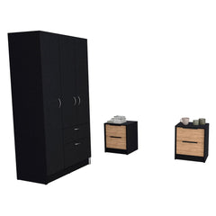 Appleton 3 Piece Bedroom Set, Armoire + Nightstand + Nightstand, Black Wengue / White / Pine Finish