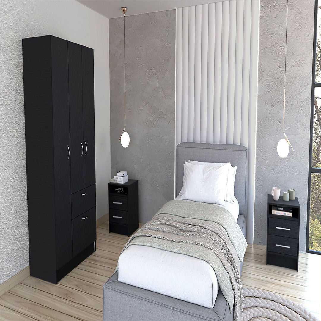 Holland 3 Piece Bedroom Set, Armoire + Nightstand + Nightstand, Black Wengue / White Finish