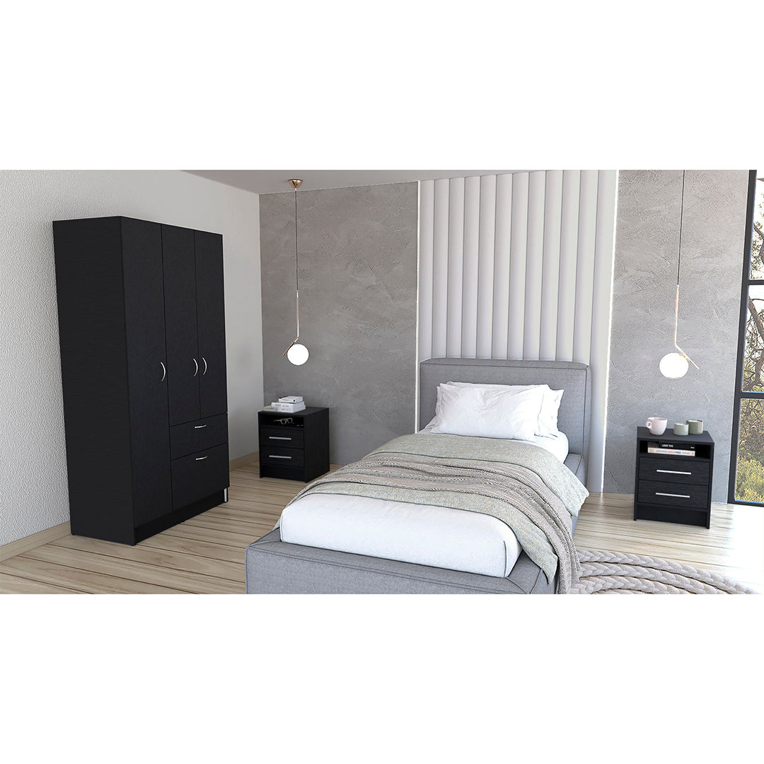 Holland 3 Piece Bedroom Set, Armoire + Nightstand + Nightstand, Black Wengue / White Finish