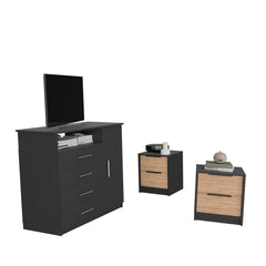 Racine 3 Piece Bedroom Set, Dresser + Nightstand + Nightstand, Black Wengue / Pine Finish