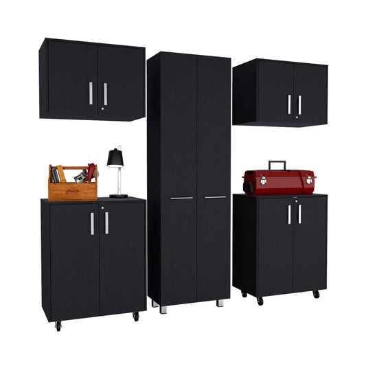 TUHOME Wooster 5-Piece Garage Set with Tall Storage Cabinet, Wall Cabinet, Utility Shelves and Work Counter, Heavy-Duty Tool and Equipment Organization System, 78.7"H x 23.3"W x 14.5"D, Black