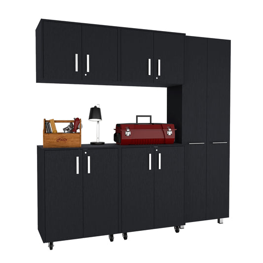 TUHOME Wooster 5-Piece Garage Set with Tall Storage Cabinet, Wall Cabinet, Utility Shelves and Work Counter, Heavy-Duty Tool and Equipment Organization System, 78.7"H x 23.3"W x 14.5"D, Black