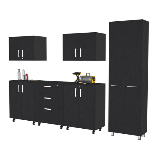 TUHOME Lima 6-Piece Garage Set with Tall Cabinet, Wall Cabinets, Utility Shelves and Work Counter, Heavy-Duty Tool and Equipment Storage System for Garages and Workshops, 78.7"H x 23.3"W x 14.5"D, Black