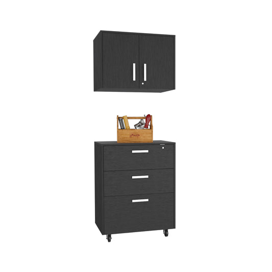 TUHOME Borgata 2-Piece Garage Set with Storage Cabinet and Utility Shelf Unit, Heavy-Duty Organization for Tools, Equipment, Supplies and Garage Spaces, 35.4"H x 27.5"W x 15.9"D, Black