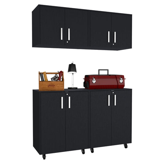 TUHOME Melrose 4-Piece Garage Set with Two Storage Cabinets and Two Utility Shelf Units, Heavy-Duty Organization for Tools, Equipment and Supplies, 35.4"H x 27.5"W x 15.9"D, Black