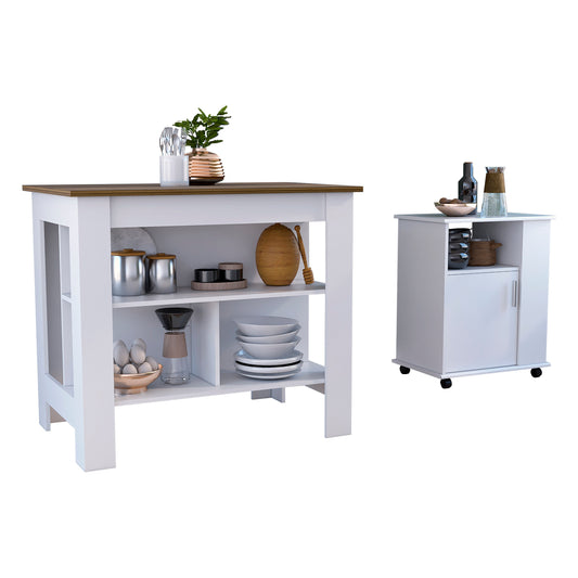 TUHOME Oslo 2-Piece Kitchen Set with Storage Cabinet and Multi-Level Countertop Island, Modern Small-Space Prep Station for Apartments and Homes, 35.4"H x 40.5"W x 27.5"D, White/Walnut