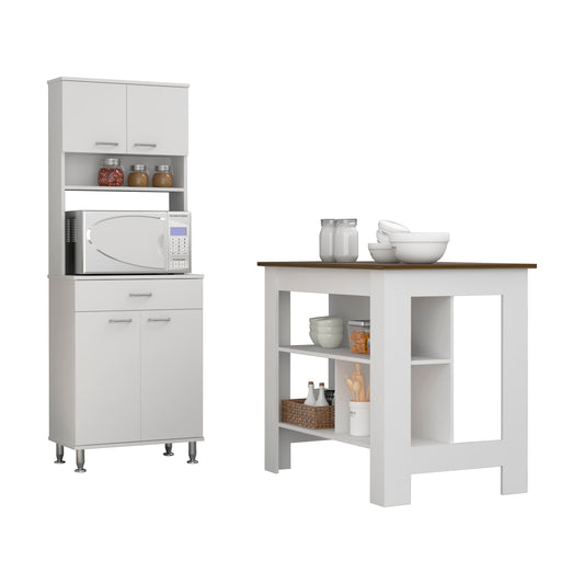 TUHOME Cala 2-Piece Kitchen Set with Storage Cabinet and Multi-Level Countertop Island, Modern Small-Space Kitchen Organizer for Cooking Prep and Pantry Use, 35.4"H x 40.5"W x 27.5"D, White/Walnut