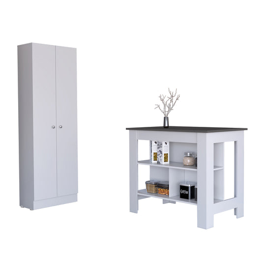 TUHOME Charlotte 2-Piece Kitchen Set with Storage Cabinet and Multi-Level Countertop Island, Modern Prep and Pantry Organization for Small Kitchens and Apartments, 35.4"H x 40.5"W x 27.5"D, White/Onyx