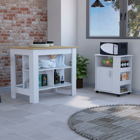 TUHOME Oslo 2-Piece Kitchen Set with Storage Cabinet and Multi-Level Countertop Island, Modern Prep and Pantry Organization for Small Kitchens and Apartments, 35.4"H x 40.5"W x 27.5"D, White/Light Oak