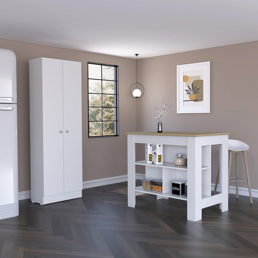 TUHOME Charlotte 2-Piece Kitchen Set with Storage Cabinet and Multi-Level Countertop Island, Modern Prep and Pantry Organization for Small Kitchens and Apartments, 35.4"H x 40.5"W x 27.5"D, White/Light Oak
