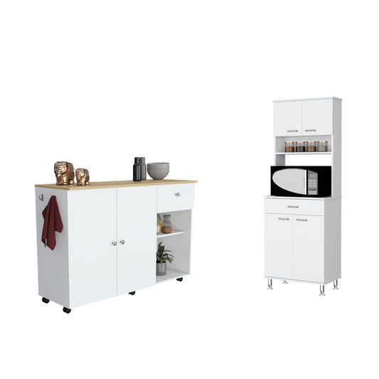 TUHOME Campbell 2-Piece Kitchen Set with Wide Countertop Island and Storage Cabinet, Modern Prep and Pantry Organization for Apartments and Homes, 36.2"H x 53.5"W x 18.1"D, White/Light Oak