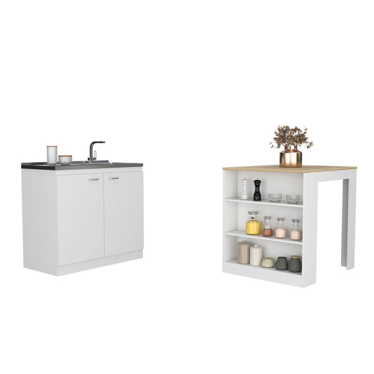 TUHOME Covelo 2-Piece Kitchen Set with Compact Countertop Island and Storage Cabinet, Modern Prep and Pantry Organization for Apartments and Small Kitchens, 36.2"H x 36.2"W x 31"D, White/Light Oak