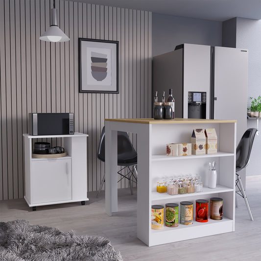TUHOME Farley 2-Piece Kitchen Set with Compact Countertop Island and Storage Cabinet, Modern Prep and Pantry Organization for Apartments and Small Kitchens, 36.2"H x 36.2"W x 31"D, White/Light Oak