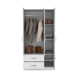 Sebree 71-Inch High Armoire Wardrobe Closet with Four Doors, Two Drawers, Three Cabinet Sections, Six Storage Shelves and Hanging Rod, Freestanding Bedroom Clothes Storage Organizer for Modern Home Organization and Daily Wardrobe Use