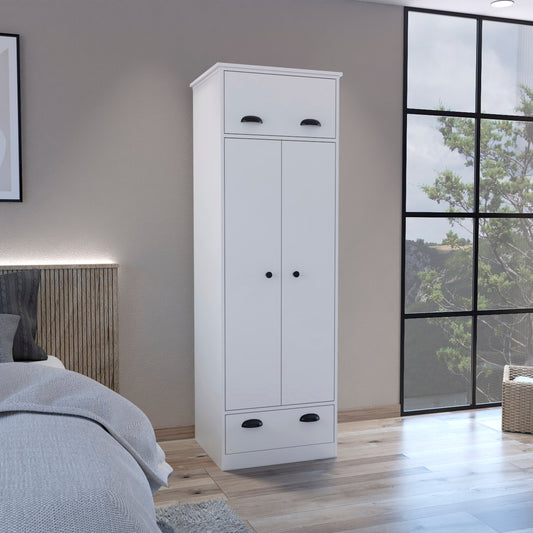 Falkland Armoire with Double-Door Wardrobe Cabinet, Upper Hinged Drawer, Lower Pull-Out Drawer and Modern Handle Accents for Organized Clothing Storage, Bedroom Organization and Stylish Space-Saving Home Furniture