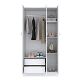 Ohio Armoire Wardrobe with Three-Door Hanging Cabinet, Two Lower Storage Drawers, Four-Tier Shelving System and Modern Space-Saving Design for Organized Clothing, Accessories and Complete Bedroom Organization