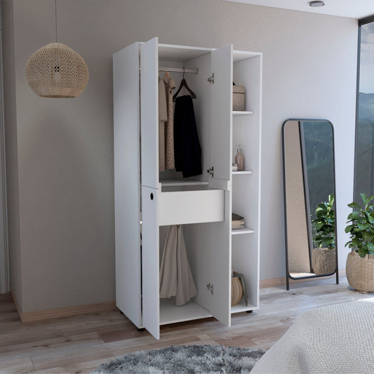 TUHOME Misuri Wardrobe Armoire with Double Doors, Spacious Drawer, Metal Hanging Rod and Three Open Shelves Offering Multi-Functional Clothing Storage, Modern Organization Solutions and Durable Solid Wood Construction