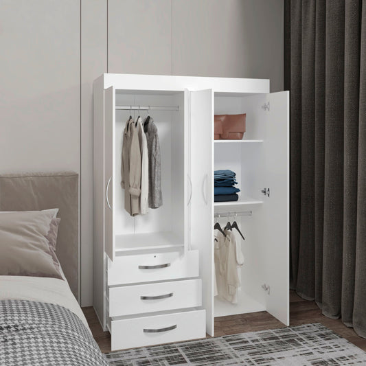 Denver Adjustable Armoire, 68" High with Rods, Double Door Cabinet, Three Drawers, Two Shelves, Compact and Space-Saving Bedroom Storage Solution for Clothes and Accessories