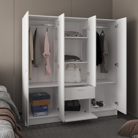 TUHOME Mitu Six Door Armoire Wardrobe with Seven Interior Shelves and One Drawer featuring Hanging Rod for Complete Bedroom Storage Organization Modern Design Spacious Closet for Clothing Organization